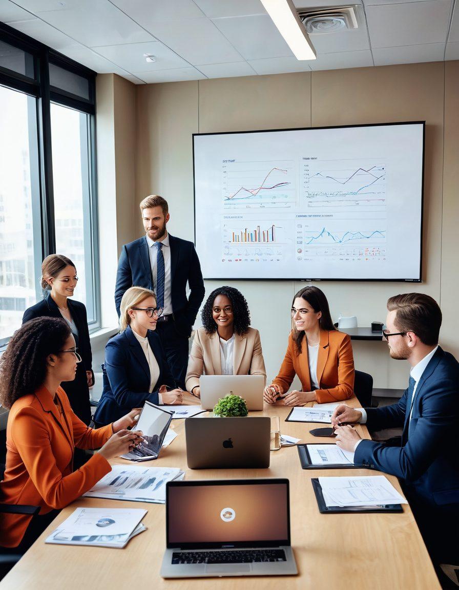 An engaging scene depicting a diverse team of professionals collaboratively using various communication tools like screens, smartphones, and virtual meeting platforms in a modern office setting. Incorporate elements that signify effective communication, such as speech bubbles, graphs showing growth, and friendly interactions. Use a warm color palette to create an inviting atmosphere. super-realistic. vibrant colors. modern office environment.