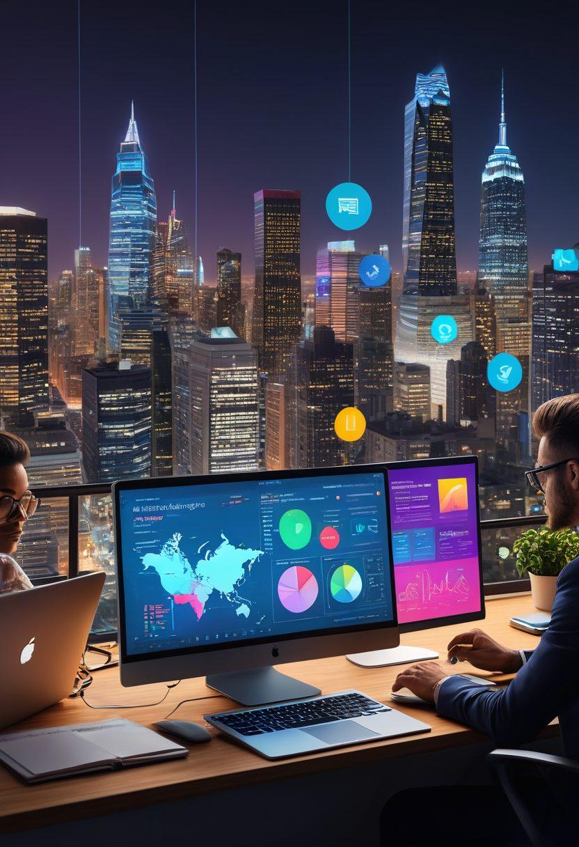 A visually engaging, organized digital workspace showcasing a diverse group of professionals collaborating over a sleek laptop, highlighting effective contact management tools like colorful graphs, contact lists, and communication icons. Surrounding them are vibrant diagrams representing customer relationships and connectivity, with a backdrop of a city skyline symbolizing growth. super-realistic. vibrant colors. 3D.