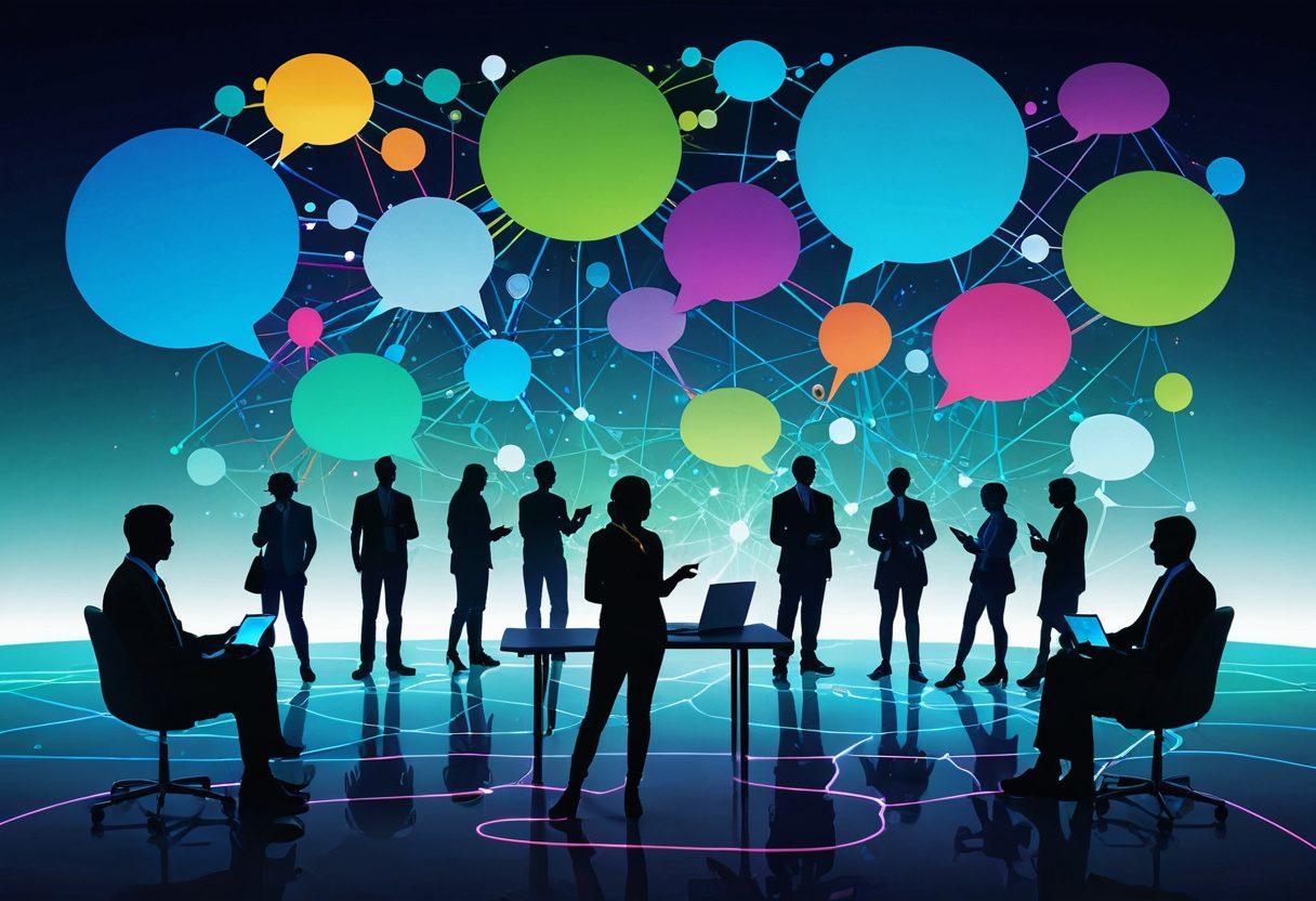 A vibrant digital landscape featuring interconnected nodes represented as friendly human figures, symbolizing networking and communication. Include elements like chat bubbles, social media icons, and glowing lines connecting the figures to represent interaction. The background should have a modern technological feel, with soft blues and greens to evoke a sense of connectivity. super-realistic. vibrant colors. 3D.